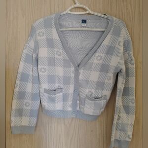 Old Navy Light Blue and White Checkered Cardigan